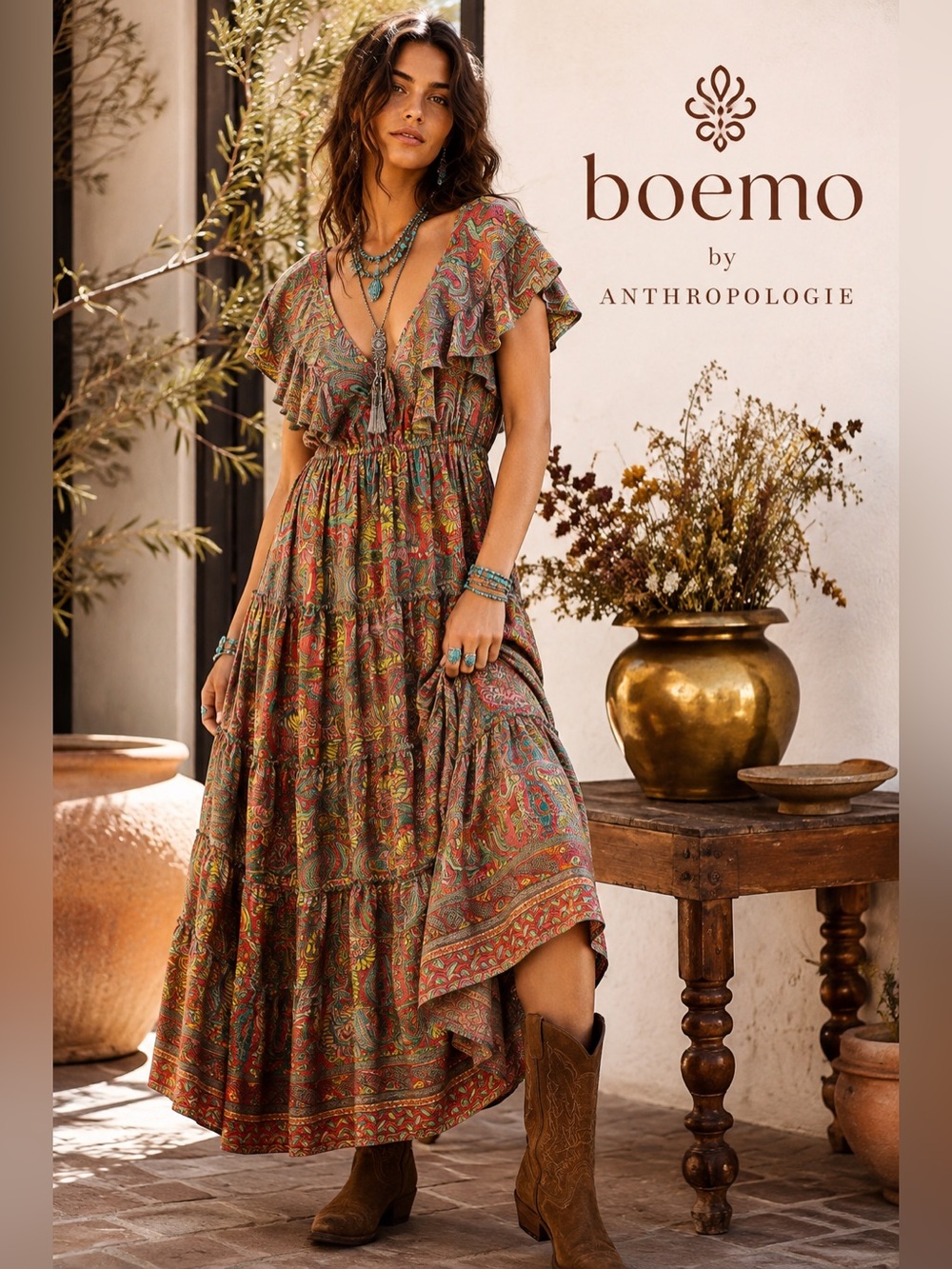 Boemo Anthropologie Paisley Ruffle Tiered Boho Maxi Dress M Tassel Festival
